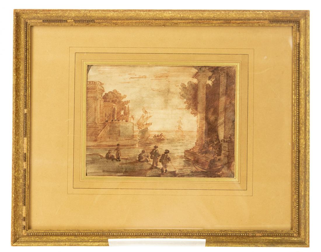 ORIGINAL WATERCOLOR/DRAWING ON LAID PAPER Attributed to: ORIGINAL WATERCOLOR/DRAWING ON LAID PAPER Attributed to Claude Lorrain Gellee Italian Port Scene Frame French Painter Draughtsman Baroque Era Antique Details: This lot consists of an original watercol