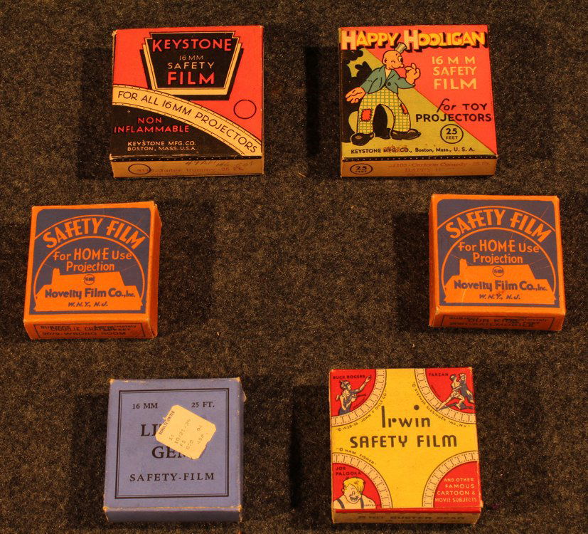 6Pcs Antique 16 mm TOY FILMS BY SAFETY FILM: Details: This lot consists of 6 antique 16 mm Safety Film toy films intended for Toy Film Projectors. Manufacturers include Little Gem Films, Irwin Corp., Keystone Mfg. Co. and Novelty Film Co., Inc.
