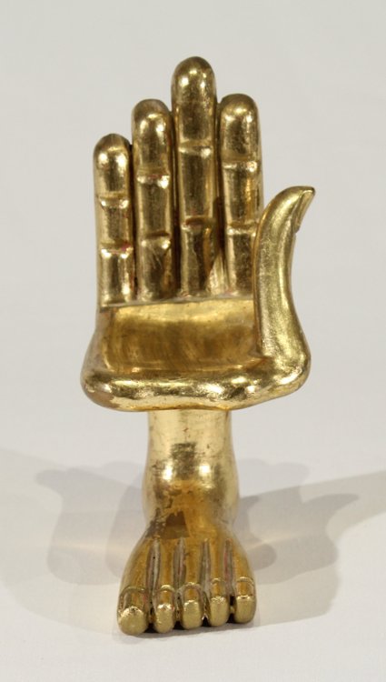 Hand Foot Sculpture PEDRO FRIEDEBERG 7" Rare Original: Details: This iconic wood and gold-leaf hand and foot sculpture by the celebrated Mexican-American artist Pedro Friedeberg measures approx. 4"x7" overall and is boldly signed on the base.Friedeberg (