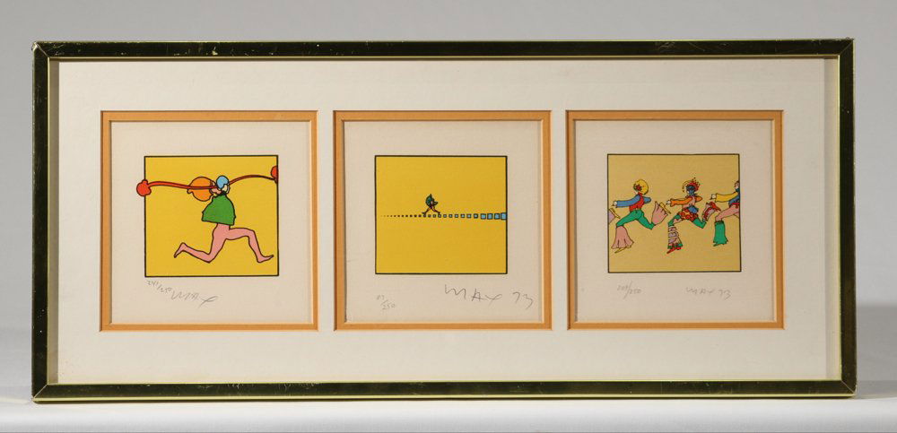 3Pcs Early Psychedelic Serigraphs PETER MAX C1973: Details: These three early psychedelic serigraphs by Peter Max are each blindstamped, numbered, and signed in pencil in the lower margin.Although issued separately circa 1973 as evidenced by their di