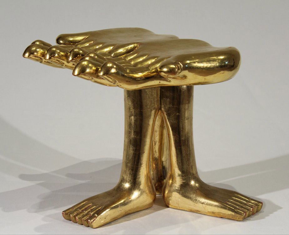 Hand Foot Sculpture PEDRO FRIEDEBERG 14" Rare Original: Details: This iconic wood and gold-leaf hand and foot sculpture by the celebrated Mexican-American artist Pedro Friedeberg measures approx. 14"x12" overall and is boldly signed on the base.Friedeberg