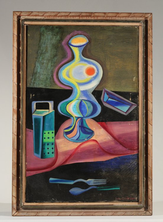 Bessie Boris KITCHEN STILL LIFE 1942 Artist Signed: Details: This lot consists of the Bessie Boris kitchen still-life oil painting from 1942 shown in the corresponding images. This post-cubist still life depicts a vase, cheese grater, fork, spoon, and
