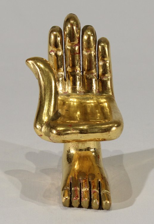 Hand Foot Sculpture PEDRO FRIEDEBERG 5" Rare Original: Details: This iconic wood and gold-leaf hand and foot sculpture by the celebrated Mexican-American artist Pedro Friedeberg measures approx. 3"x5" overall and is boldly signed on the base.Friedeberg (