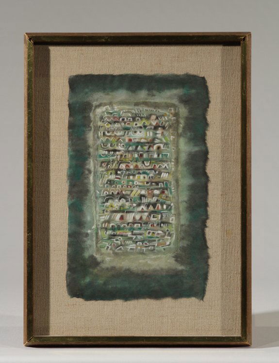 Mixed Media Painting DAN MILLER Illumination Abstract: Details: This abstract mixed media painting on deckled artisan paper by Dan Miller is entitled "Illumination". The piece is mounted on linen and presented in a wood and metal frame measuring approx.