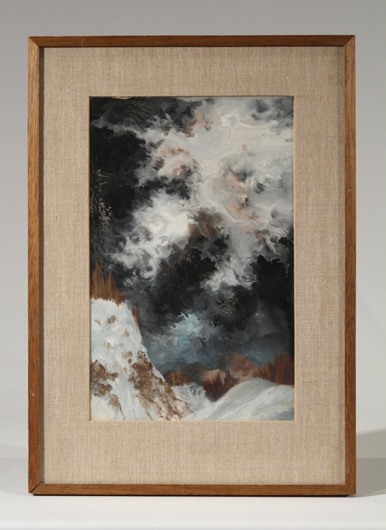 Magic Realist Landscape PAUL GORKA Early Gouache: Details: This alluring magical realist landscape gouache painting on board was executed by the noted American modernist Paul Gorka circa 1965. Evoking snowy hills and an approaching ice storm, this ea