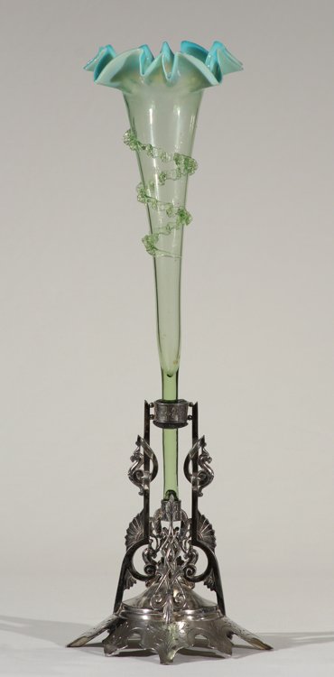 Meriden ANTIQUE SILVER & GLASS EPERGNE Silver Plate Co: Details: This lot consists of the antique silver and glass epergne shown in the corresponding images. This piece features a quadruple-plate silver base from Meriden Silver Plate Co. and an opalescent 