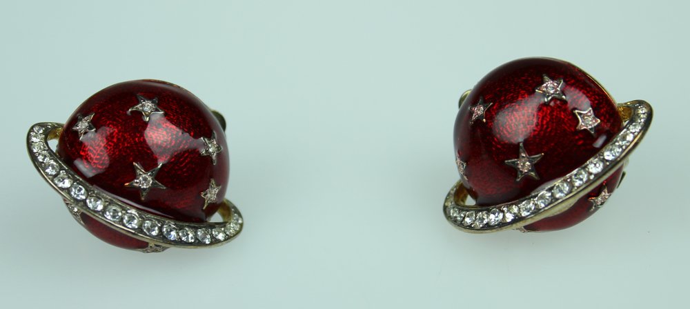 Vintage 1960s BUTLER & WILSON EARRINGS Red English: Details: This lovely pair of vintage c. 1960s enamel and crystal planetary earrings are signed Butler & Wilson.The earrings measure approx. 1.25" wide.Butler & Wilson are UK creators of designer fash