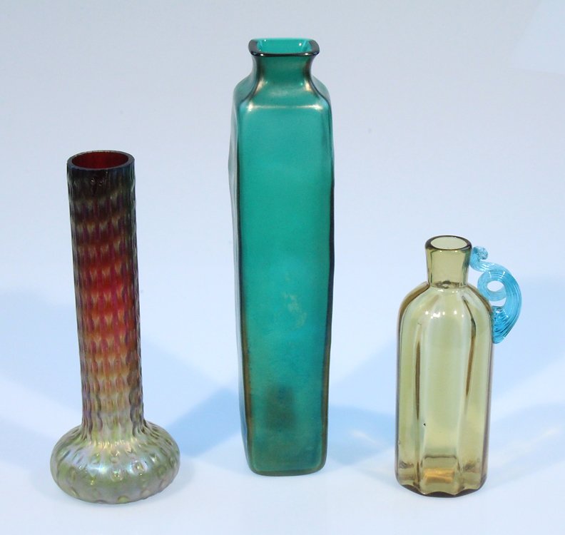 3Pcs Loetz Style Art Glass ANTIQUE DECORATIVE OBJECTS: Details: This select group lot of antique decorative items comprises:Loetz style art glass raindrop vase, approx. 10" tallHand-blown iridescent Loetz style vase, approx. 12" tallHand-blown amber art