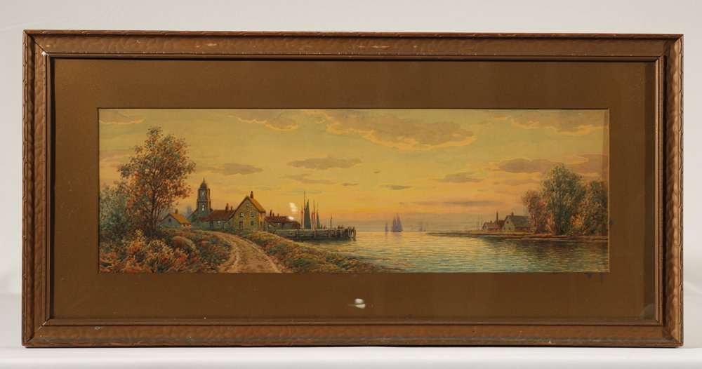 Large Watercolor Painting WILLIAM PASKELL Signed Sunset: Details: This large attractive watercolor painting by the noted New England artist William Paskell depicts a quiet harbor at sunset with wharf buildings and sailboats. The locale is possibly Rockport,