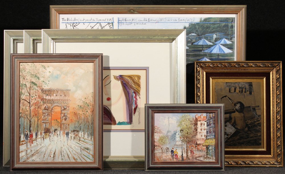 7Pcs Christo Umbrellas FRAMED ART Paris Oil Paintings: Details: This group lot comprises seven (7) framed works of art: (3) Mixed media prints numbered and signed "D.K." in pencil (2) Signed oil on canvas Paris street scenes Color poster of Christo's Umbr