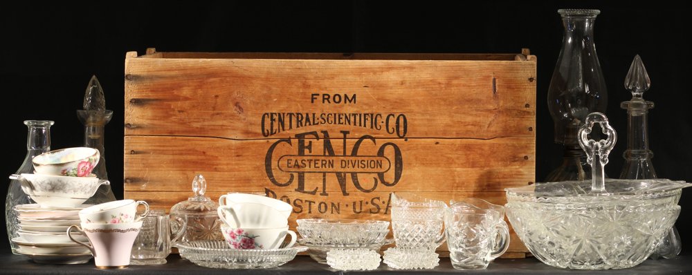 35Pcs Limoges Fenton VINTAGE & ANTIQUE DISHES & CENTRAL: Details: This lot consists of the vintage and antique dishes shown in the corresponding images. Among the pieces in this lot are cups, saucers, a kerosene lamp, cut glass dishes, and two hobnail salt 
