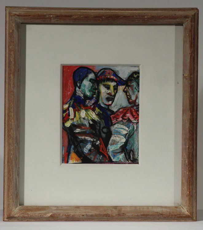 Mixed Media Painting JOSEF PRESSER Three Harlequins: Details: This vibrant mixed media painting on paper by the noted Polish-American Expressionist painter Josef Presser depicts three harlequins or mummers -- his signature subject. Painted circa 1950s,