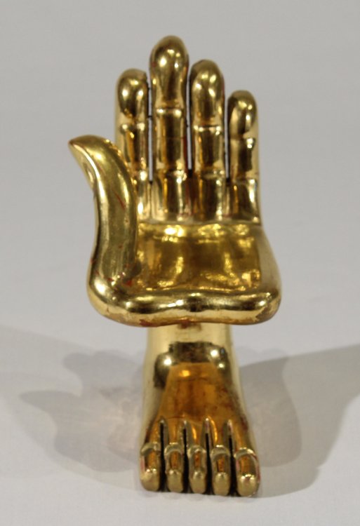 Hand Foot Sculpture PEDRO FRIEDEBERG 6" Rare Original: Details: This iconic wood and gold-leaf hand and foot sculpture by the celebrated Mexican-American artist Pedro Friedeberg measures approx. 3"x6" overall and is boldly signed on the base.Friedeberg (