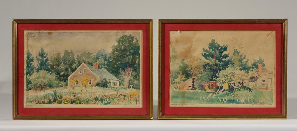 2Pcs Vintage Watercolor Landscape Paintings FREDERICK: Details: This pair of idyllic vintage watercolor landscapes by the listed American realist Frederick Robbins are entitled "Golden Rod Time" and "Elsi Hanging Out The Wash." Both are signed in pencil i