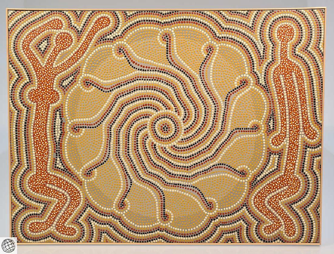 Center of Life GEORGE RHOADS Framed Oil Canvas American: Details: This fascinating contemporary abstract oil on canvas painting by noted American artist George Rhoads is entitled "Center of Life" on verso and is inspired by Australian aboriginal dot painti
