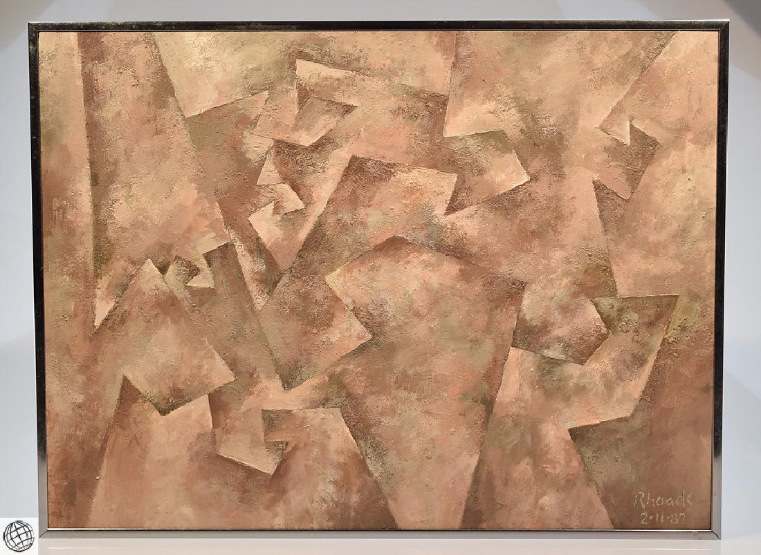 Dance Of The Trolls GEORGE RHOADS 1987 Framed Acrylic: Details: This energetic contemporary abstract acrylic and flour on panel painting by noted American artist George Rhoads is signed lower left and dated 1987. It is titled "Dance of the Trolls" on ver