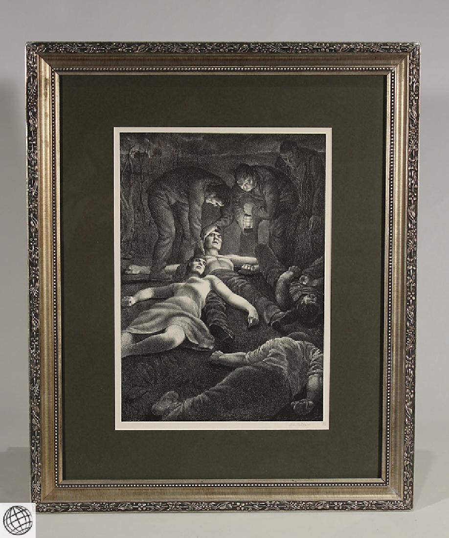 Accident JOHN MCCLELLAN Original Pencil Signed Numbered: Details: This fascinating pencil signed and numbered lithograph by the noted English-American printmaker John Ward McClellan is entitled Accident and dates from 1936. It is attractively framed to app