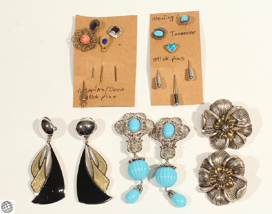 13Pcs Native American VINTAGE & ANTIQUE STICK PINS &: Details: This lot consists of the vintage and antique stick pins and clip-on earrings shown in the corresponding images.Among the pieces in this lot are three sterling silver and turquoise stick pins