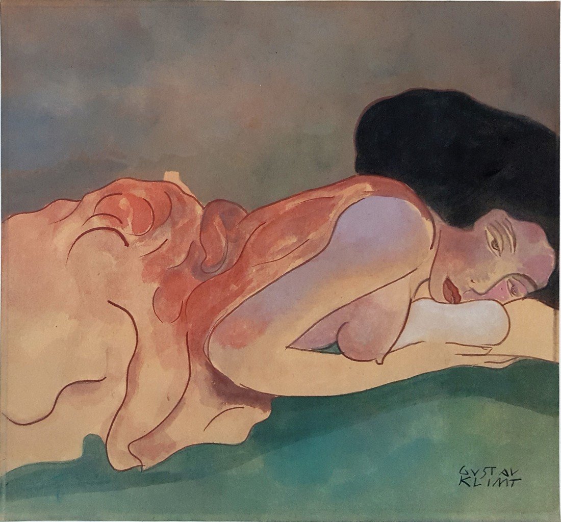 Signed Gustav Klimt gouache on paper: Gustav Klimt gouache on paper signed on bottom right painting, 11 x 12 in. Excellent condition. Framed. Private collection.