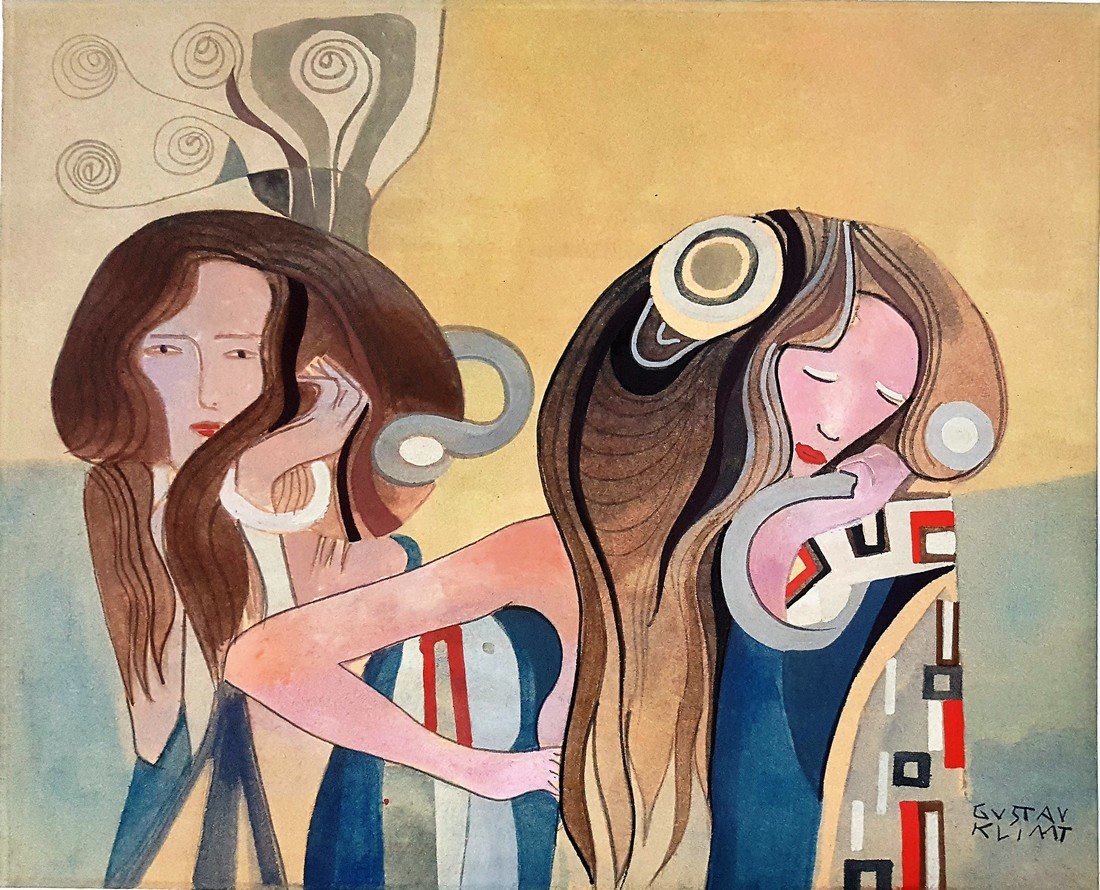 Signed Gustav Klimt gouache on paper: Gustav Klimt gouache on paper signed on bottom right painting, 11 3/4 x 14 in. Excellent condition. Framed. Private collection.