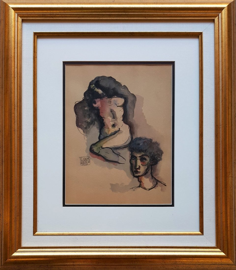 Signed Egon Schiele mixed media on paper: Egon Schiele mixed media on paper signed on bottom left painting, 11 3/4 x 9 in. Excellent condition. Framed. Private collection.