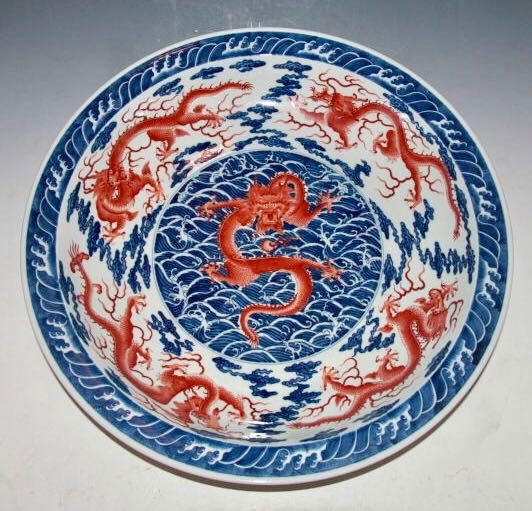 A LARGE YONGZHENG MARK COPPER-RED AND BLUE UNDERGLAZE (1 of 6)