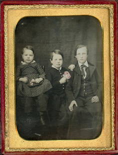 THREE CHILDREN HOLDING FLOWERS, A MOTHER & CHILD & MORE: 20 images:Quarter plate daguerreotype in full case of three children holding red and white flowers.Sixth plate mother and child (uncased). Also 9 other sixth plates (5 half cases, 4 uncased).Ninth