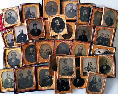 32 AMBROTYPES: All sixth plate size. 3 full cases. 2 split cases. 10 half cases. 2 of 3 women each. 1 mother & child. 17 uncased. 3 male female couples. 2 pairs of children. 1 girl. 4 women. 1 boy. 17 men.This is a