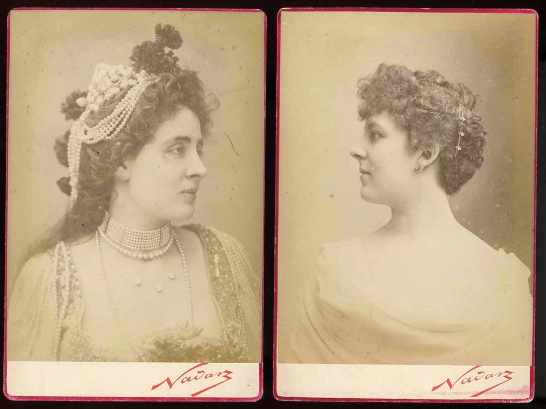 20 CABINET CARDS (9 BY NADAR) PLUS G. W. WILSON ALBUM: Besides 9 actresses by the famous Nadar, Bogardus, Notman & Gutekunst are represented, as well as a Japanese maker. The Scottish photographer George Washington Wilson made the 48 views of the album, w