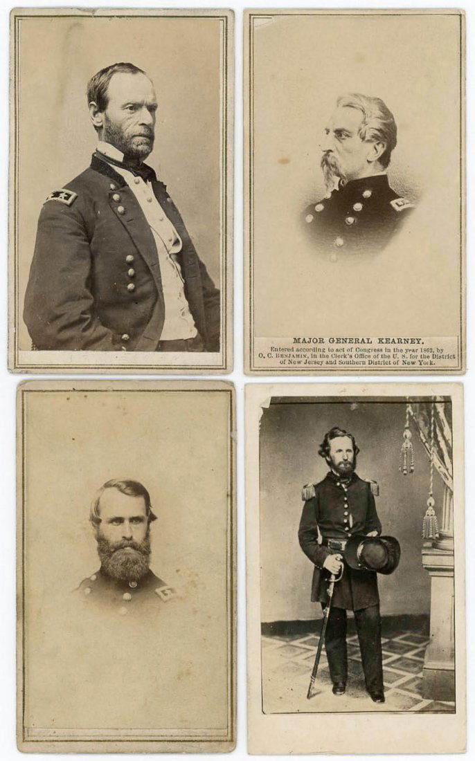 CIVIL WAR GENERALS: SHERMAN, KEARNY, COX, LYON: 4 Cartes de Visite (CDVs). Features William Tecumseh Sherman, Philip Kearny (Killed in action), Jacob Cox, Nathaniel Lyon.Backmark on Sherman: "E.R. GARD, PHOTOGRAPHIC Art Gallery, 210 Lake Street, CH