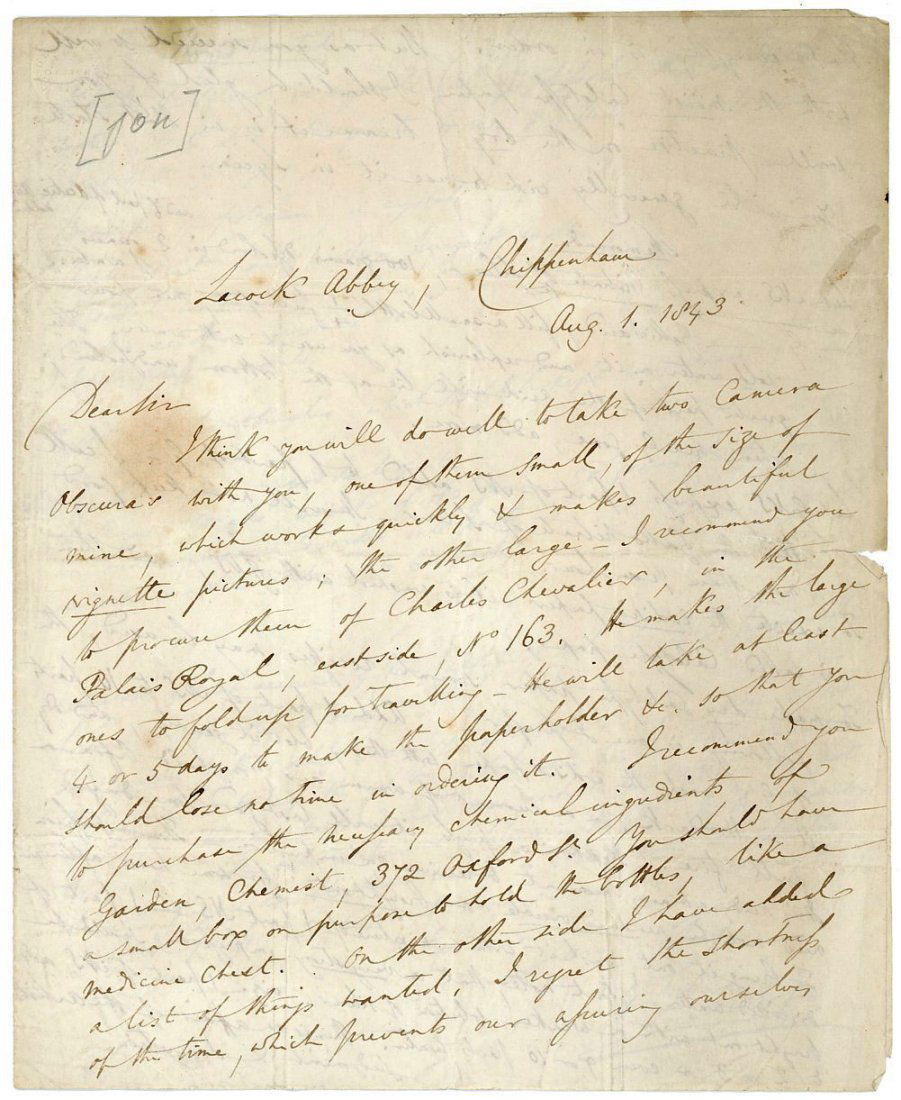 WILLIAM HENRY FOX TALBOT LETTER RE: CAMERA OBSCURA: Below is an approximate transcription. Note the great content. Needless to say, William Henry Fox Talbot was an early pioneer and remains one of the most important figures in the history of photograph