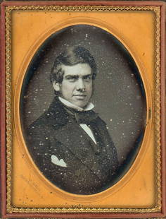 SAME MAN TWICE 2 DAGUERREOTYPES INC. SAMUEL ROOT: This pair retains its original seals. Each is quarter plate size.1) Shoulders turned, but looking right at us. Stamped at lower left corner: "S. ROOT 363 BROADWAY NY." Split case. Artful pose.2)
