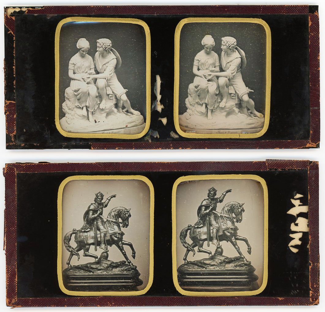 RARE STEREO DAGUERREOTYPES BY PETERS, NEW YORK CITY: Two stereo daguerreotypes. At first glance, we assume these are from France. 1) Statue of male courting female. Text at the bottom in cursive: "Paul & Virginia." Stamped into the plate at left: "PETER
