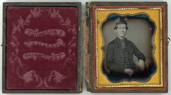 WASHINGTON D.C. & HALF PLATE DAGUERREOTYPE & 4 OTHERS: 1) Sixth plate daguerreotype. Ruggedly handsome man. "THOMPSON'S GALLERY WASHINGTON D.C." on velvet pad. Split case.2) Half plate daguerreotype. Two children. Boy standing. Toddler on a high chair.
