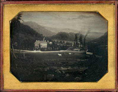 HALF PLATE DAGUERREOTYPE OF A LANDSCAPE PAINTING: Half plate daguerreotype.There are mountains, the valley, and the fortuitous blue sky from solarization (when overexposed areas turn blue). There's a hotel with smoke from the chimney, a long white