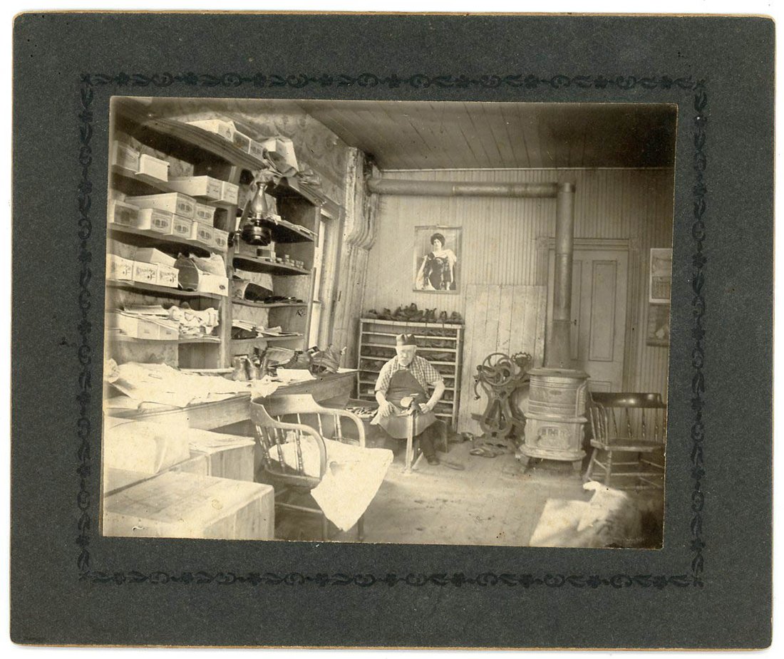 SHOEMAKER'S SHOP, WOMAN & BICYCLE, SOLDIER & MORE: 1) Interior of a shoemaker's shop with a risque photo on the wall. Approximately 5½ by 6½ inches. 2) Cabinet Card of a woman and bicycle. Approximately 6½ by 4¼ inches. 3) 