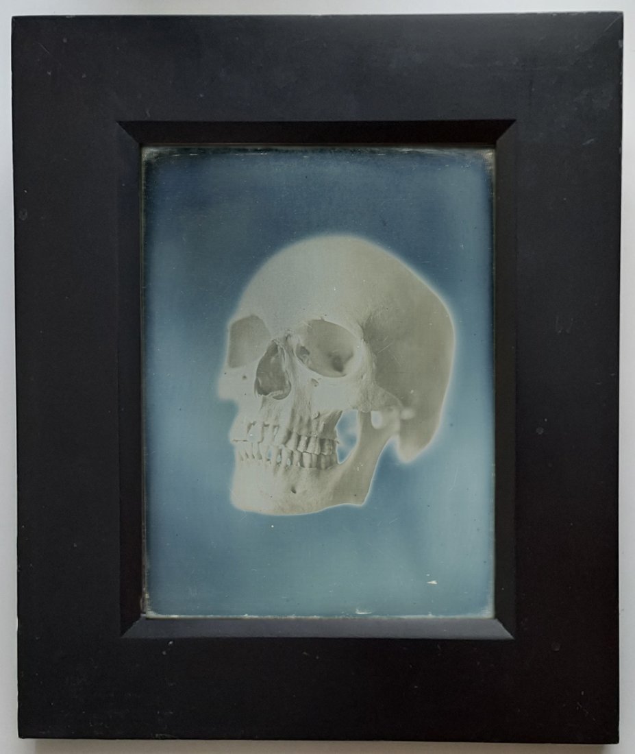 SKULL WHOLE PLATE DAGUERREOTYPE by JERRY SPAGNOLI: Signed by the artist on reverse.Whole plate size is 8 1/2 x 6 1/2 inches."Jerry Spagnoli (New York, 1956)... is best known for his work with the daguerreotype process,... Initiating his exploration of