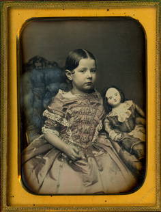 [Daguerreotype] Masterpiece by Chase: Quarter-plate daguerreotype of a young girl, identified as Mary Hemsley, and her wax-head doll. The mat is stamped "Chase" in the lower right. Mary poses regally in a tufted chair, the fabric tinted a