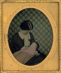 [Tintype] Young Mother Breastfeeding: Early sixth-plate tinted tintype of a young mother breastfeeding her infant. Obviously taken at home, with the colored wallpaper. A very intimate image, as the mother has opened her gown. The baby's