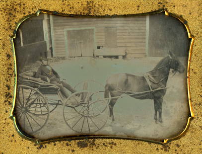 [Daguerreotype] A Gent and His Phaeton Carriage: Anonymous quarter-plate daguerreotype, housed in a full pressed leather case. A top-hatted gentleman leans back in the seat of his horse-drawn, phaeton-style carriage, looking disdainfully at the