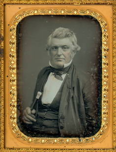 [Daguerreotype] Jeremiah Gurney, New York, NY: A fine half-plate portrait of a prosperous gent gripping an ivory-topped cane. The brass mat is stamped "Gurney, 349 Broadway" in the lower right. Like many successful daguerreians, Gurney moved his