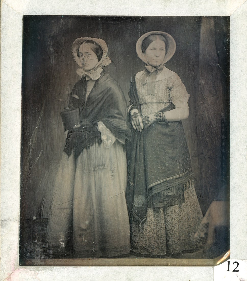 [Daguerreotype] Southworth and Hawes Allegory: A sixth plate from the famed Feigenbaum cache, the two women posed by the masters. One looks down and away from the operator. Her companion half turns away and holds a potted plant, her eyes glancing 