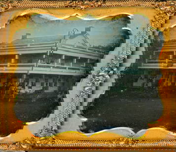 [Daguerreotype] "A. Travis Daguerreian Rooms": A sixth plate housed in a full leather case depicting a hotel with a large tavern sign at the edge of a muddy street. A cloth banner hangs off the second-story balcony reading "A. Travis Daguerreian