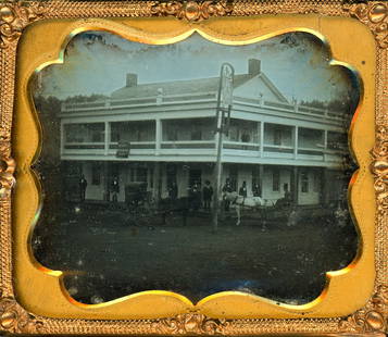 [Daguerreotype] "A. Travis Daguerreian Rooms": A sixth plate housed in a full leather case depicting a hotel with a large tavern sign at the edge of a muddy street. A cloth banner hangs off the second-story balcony reading "A. Travis Daguerreian