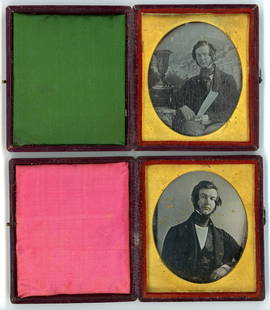 [Daguerreotypes] Two Early Gurneys of the Same Man: Sixth-plate daguerreotypes by Jeremiah Gurney of New York, NY (active 1840-50s) in early leather cases, depicting the same gentleman. The first image shows a gentleman holding a sheaf of papers. He is