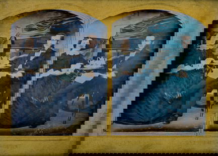 [Rare German Stereo Daguerreotype] Trudpert Schneider and Sons: German, ca. 1860. Approximately quarter-plate size in a rare folding stereoscopic case, the brass mat stamped along lower margin "Stereoskop von T. Schneider und Soehne." An odd image depicting a