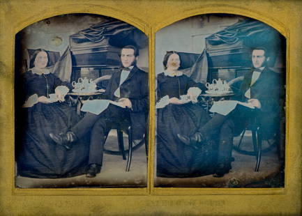 [Rare German Stereo Daguerreotype] Trudpert Schneider and Sons: German, ca. 1860. Approximately quarter-plate size in a rare folding stereoscopic case, the brass mat stamped along lower margin "Stereoskop von T. Schneider und Soehne." An odd image depicting a