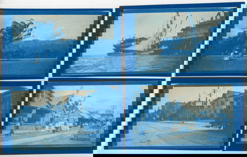 [Cyanotype Photographs]: Anonymous. Lot of 13, 3" x 5" cyanotypes of assorted subjects including sailing and ocean travel, Blacks, street scenes, and agriculture, ca. 1910s. This is a multi-item lot, so special packing