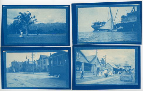 [Cyanotype Photographs]: Anonymous. Lot of 13, 3" x 5" cyanotypes of assorted subjects including sailing and ocean travel, Blacks, street scenes, and agriculture, ca. 1910s. This is a multi-item lot, so special packing