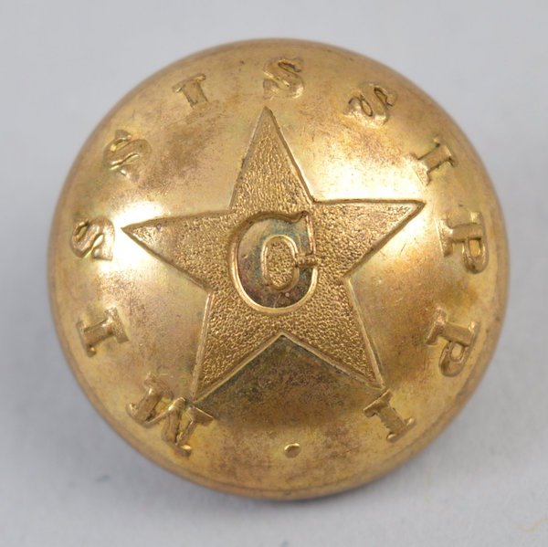 Non-Excvtd. Two-Piece Mississippi "C" Cavalry Button: The face has 100% bright gold gilt and the reverse is backmarked "Hyde & Goodrich/N O". This is a beautiful button with near 100% bright gold gilt with shank intact on the reverse. Gilted 21mm button.